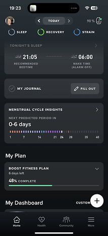 Whoop app interface displaying sleep recommendations and menstrual cycle insights.