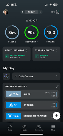 Current WHOOP app screen showing sleep, recovery, and strain metrics.