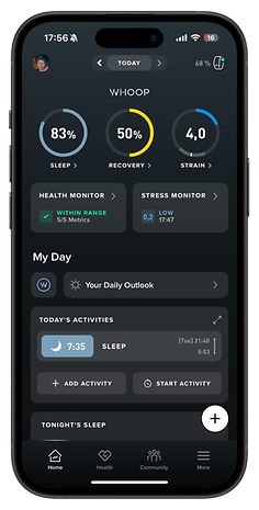 WHOOP app interface displaying health metrics: sleep 83%, recovery 50%, strain 4.0, and stress monitor.