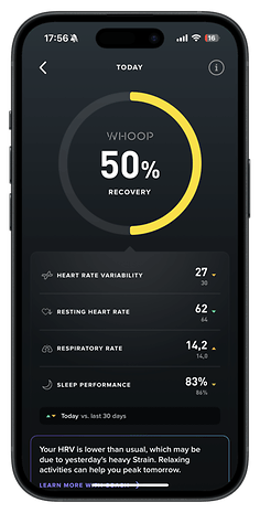 A smartphone displaying the Whoop app with 50% recovery, heart metrics, and health insights.