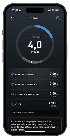 WHOOP app displaying a strain score of 4.0, heart rate zones, and step count.