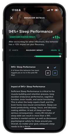 Mobile screen displaying 94%+ Sleep Performance with info on recovery impact and sleep importance.