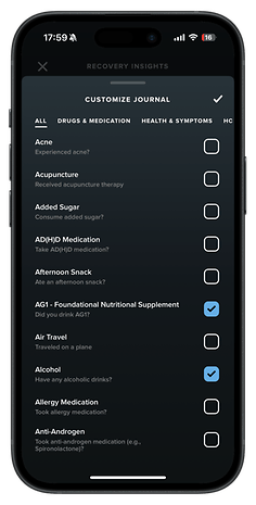 A smartphone screen showing a recovery insights journal with various health checkboxes.