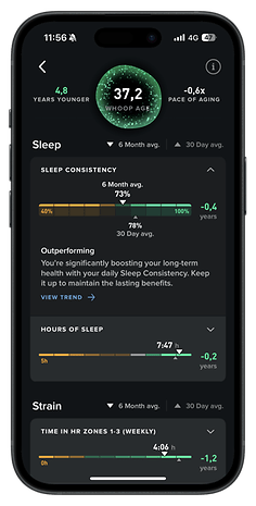 Mobile screen displaying Whoop age, sleep consistency, hours of sleep, and strain metrics.