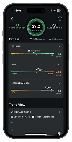 Smartphone screen displaying Whoop app data including fitness metrics and whoop age.