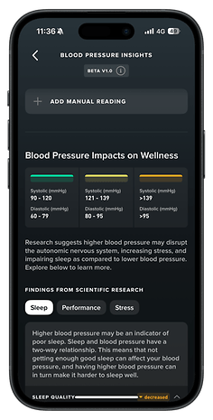 Blood pressure insights on a phone app, displaying systolic/diastolic ranges and their impact on wellness.