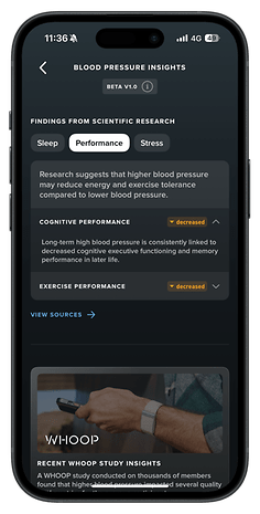 Mobile screen displaying blood pressure insights and findings from WHOOP study.