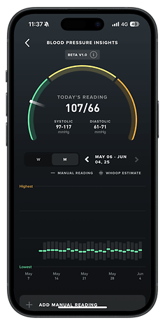 Blood pressure insights on a phone showing a reading of 107/66 mmHg and a date range.