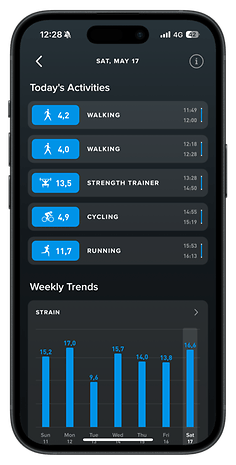 Activity tracking app showing today's activities and weekly strain graph.
