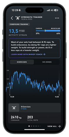 A smartphone displaying the Whoop app's Strength Trainer, showing activity strain, reps, and workout details.