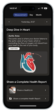 Screen showing heart health information and options to share a health report.
