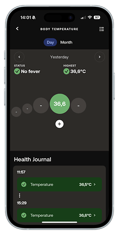 Body temperature tracking on a mobile app showing 36.6°C with a status of 'No fever'.