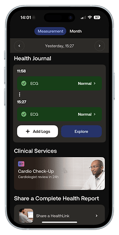 Health Journal on a smartphone showing ECG results and options for adding logs and exploring services.