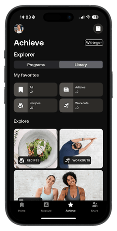 Mobile app interface showing 'Achieve' with sections for recipes, workouts, and articles.