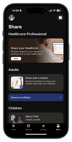 Share screen of Withings Body Scan app with options for healthcare professionals, adults, and children.