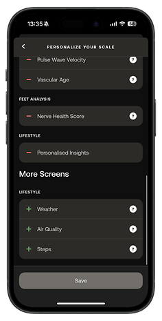 Screen displaying Withings Body Scan personal settings and health metrics options.