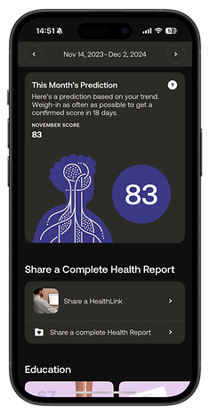 Withings Body Scan app displaying prediction score of 83 with health report sharing options.