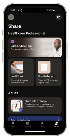 Withings app interface showing options to share health data with a healthcare professional.