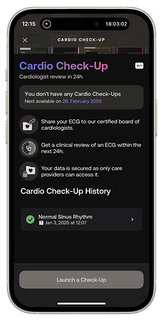 Mobile app screen showing Cardio Check-Up details and ECG sharing options.