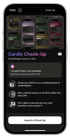 Withings app displaying Cardio Check-Up details and options for ECG review.