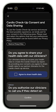 Cardio Check-Up Consent and Data Sharing on a smartphone screen.