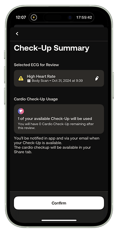 Check-Up Summary screen displaying ECG review, high heart rate alert, and cardio check-up usage details.