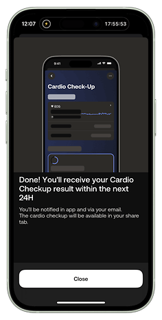 Cardio Check-Up result notification on a mobile screen. Text: 'Done! You’ll receive your Cardio Checkup result within the next 24H.'