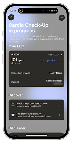 Mobile screen displaying a cardio check-up with ECG results and health improvement options.