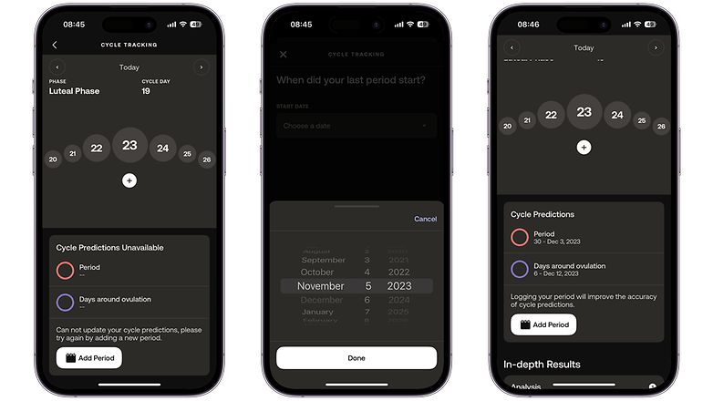 Screenshots der Withings ScanWatch 2 Menstruationszyklusfunktion