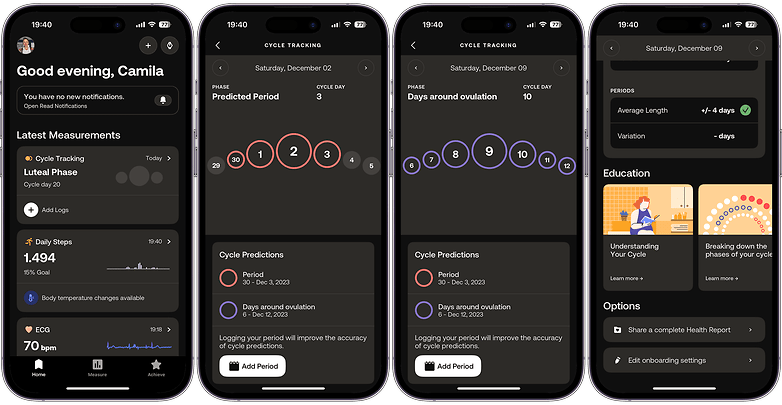 Screenshots of the Withings ScanWatch 2 Menstrual Cycle feature