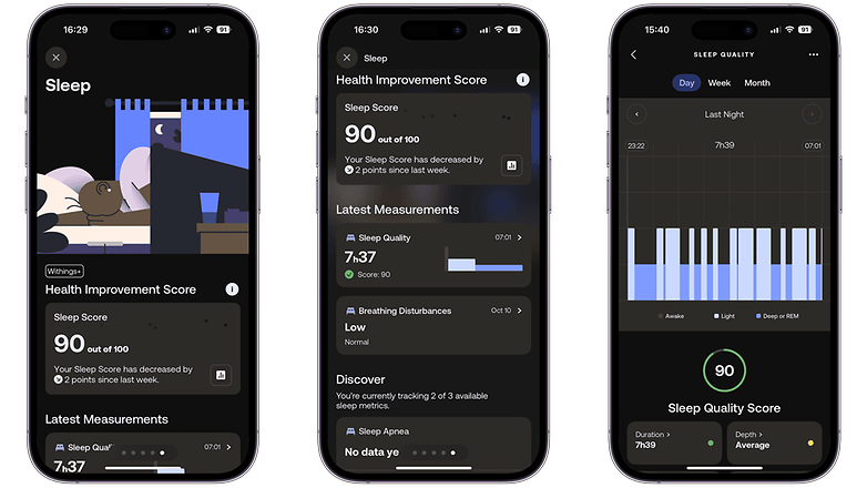 Screenshots of the Withings ScanWatch 2 Sleep tracking feature