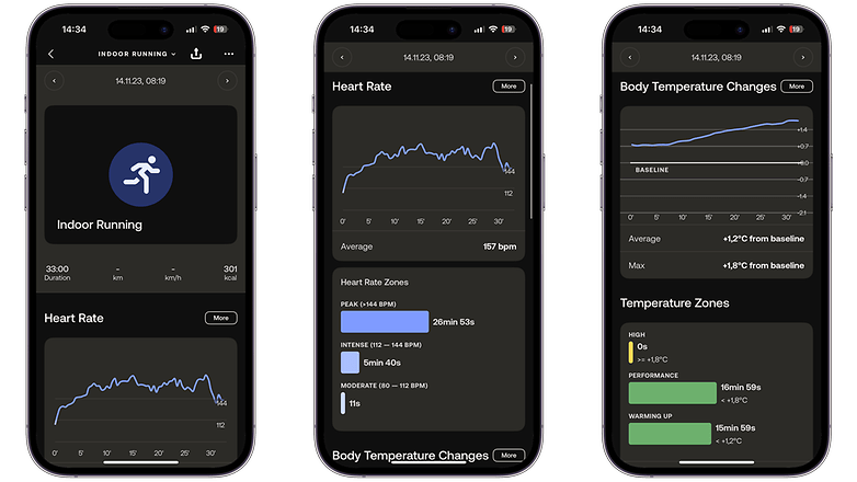 Screenshots der Withings ScanWatch 2, die die Benutzeroberfläche der Temperaturverfolgungsfunktion zeigen