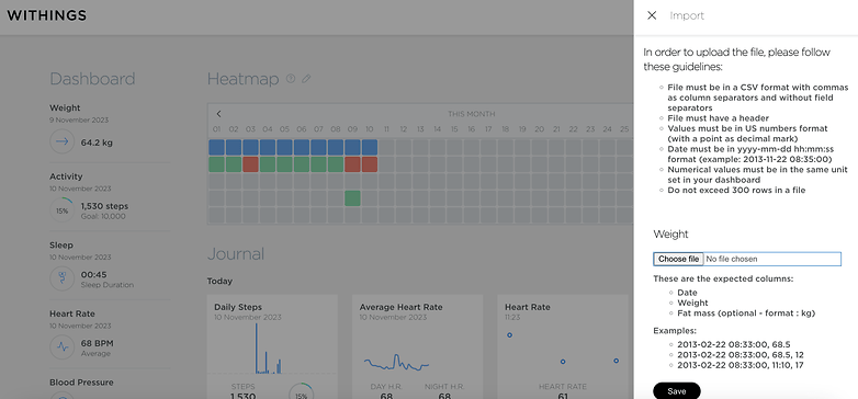 Screenshots of the Withings software web version CSV downloader