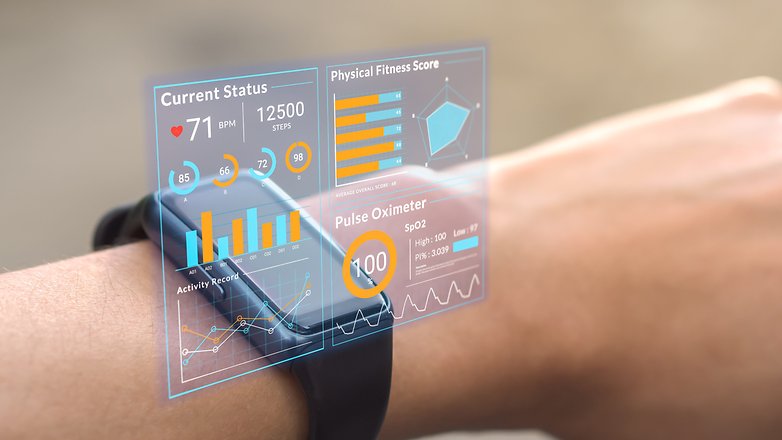 A person's wrist wearing a smartwatch displaying a holographic health data dashboard, including heart rate, steps taken, fitness score, and pulse oximeter readings.