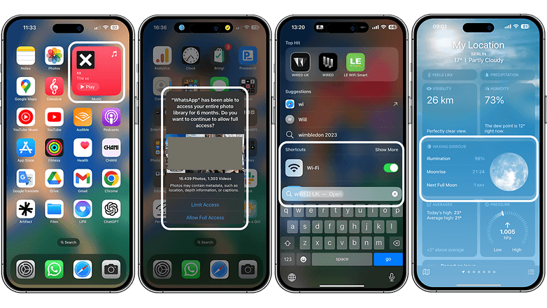 Screenshots highlighting iOS 17 features: Widgets, Permission, wi-Fi toggle and Moon phases on Weather app