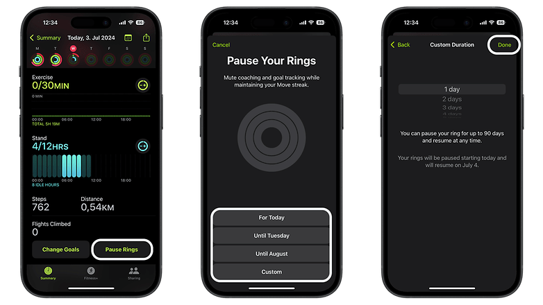 Screenshots on how to pause rings activity on Apple Watch and iPhone
