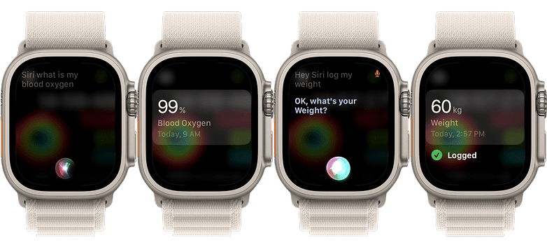 Στιγμιότυπα οθόνης που δείχνουν τις εντολές στη συσκευή για χρήση με το Apple Watch.