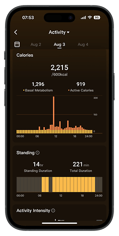 Captures d'écran de l'interface utilisateur de l'application compagnon de la RingConn Gen 2