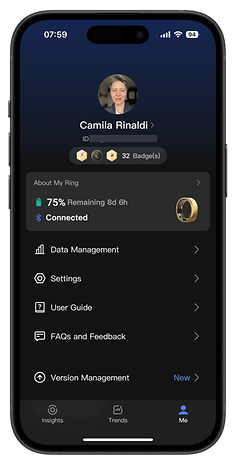 Screenshots of the RingConn Gen 2 Smart Ring app companion user interface.