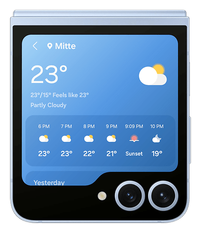 Galaxy Z Flip 6 displaying weather information with a temperature of 23 degrees in Mitte.