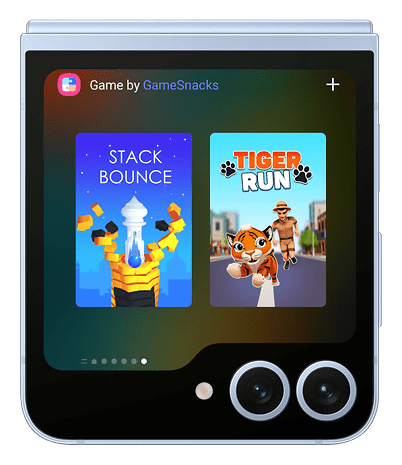 Galaxy Z Flip 6 displaying game options including Stack Bounce and Tiger Run.