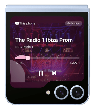 Galaxy Z Flip 6 showing a music player with The Radio 1 Ibiza Prom by BBC Radio 1.