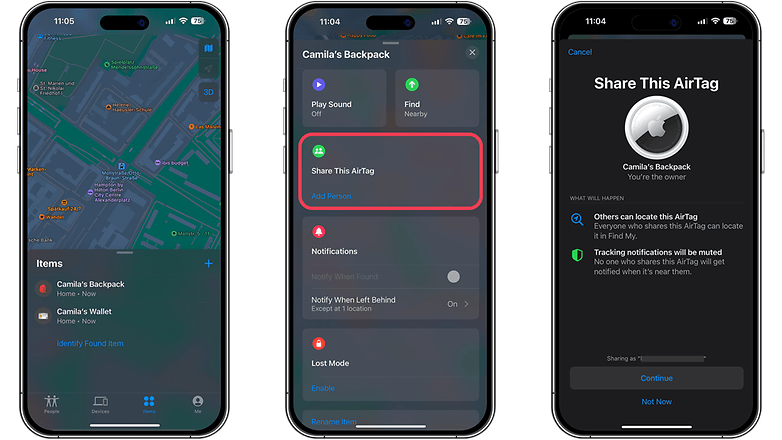 Screenshots zum Sharen von AirTags unter iOS 17
