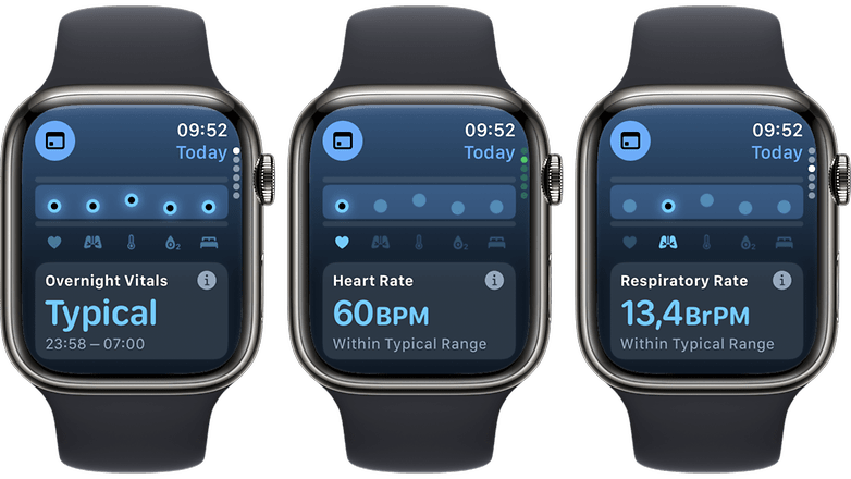 Screenshots of the new Vitals app for Apple Watch