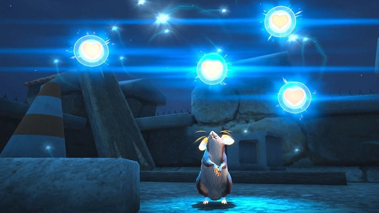 A mouse stands on its hind legs with glowing blue orbs above it in a nighttime setting.