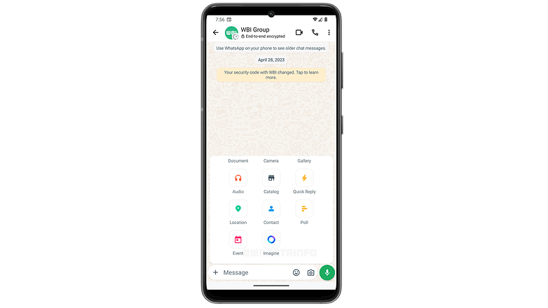 WhatsApp chat interface showing new features including the "Imagine" option for AI-generated images.