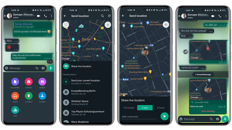 Screenshots showing how to share location using Google Maps