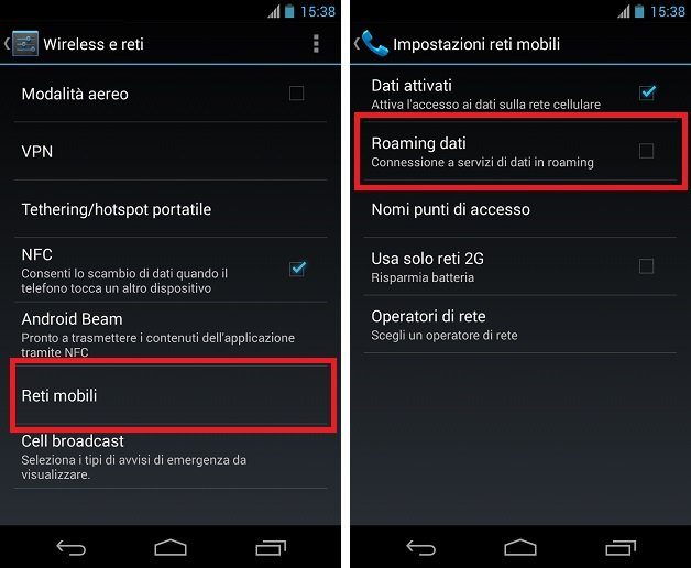 disattivsare roaming dati android