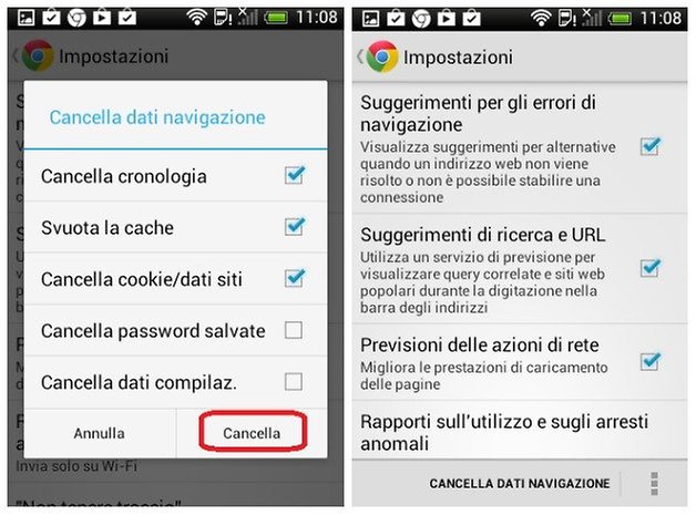 Cancella dati navigazione android