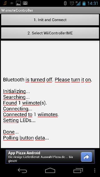 Interface d'application WiimoteController indiquant que le Bluetooth est désactivé et en cours de connexion à une wiimote.